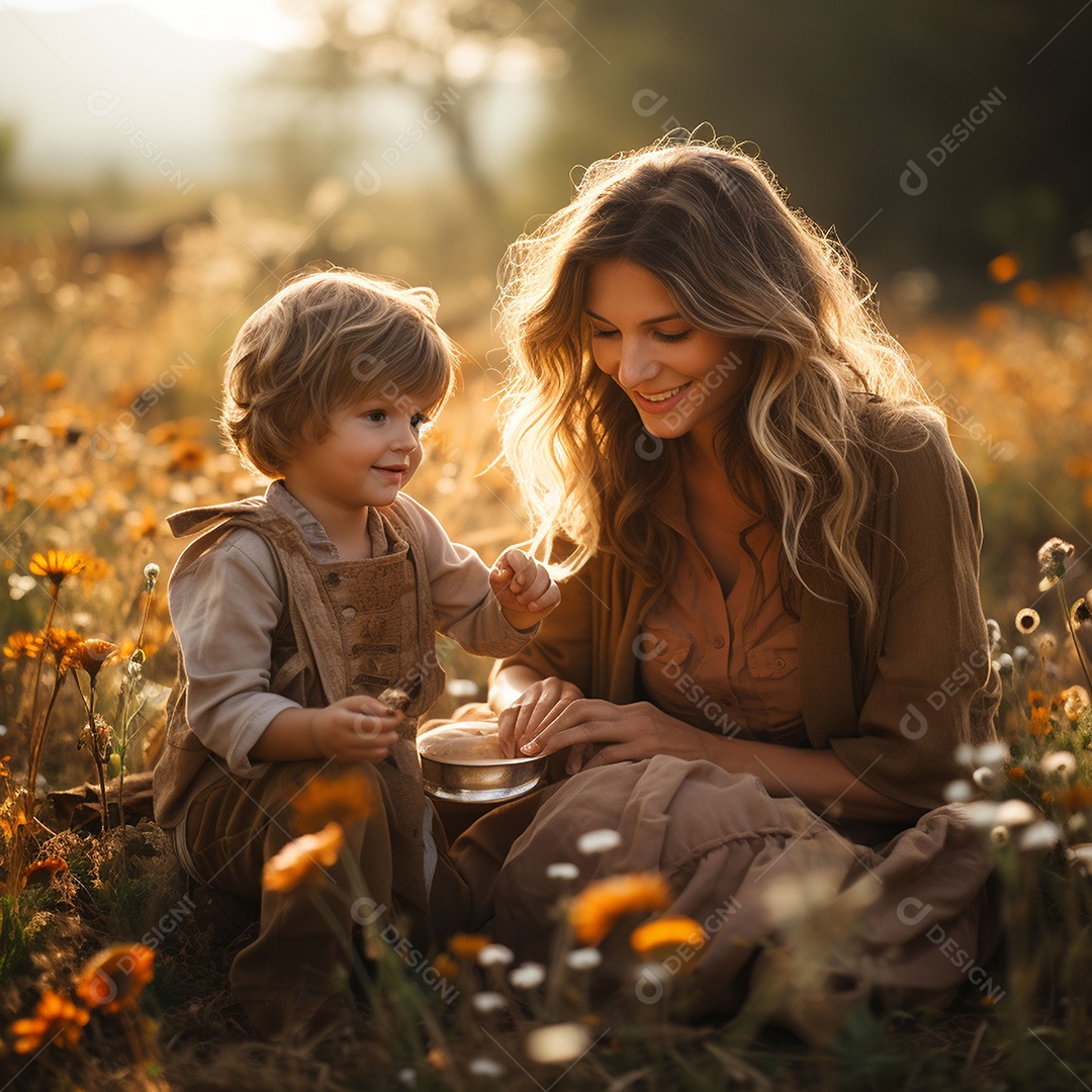 Mãe e criança adorável brincando na grama verde