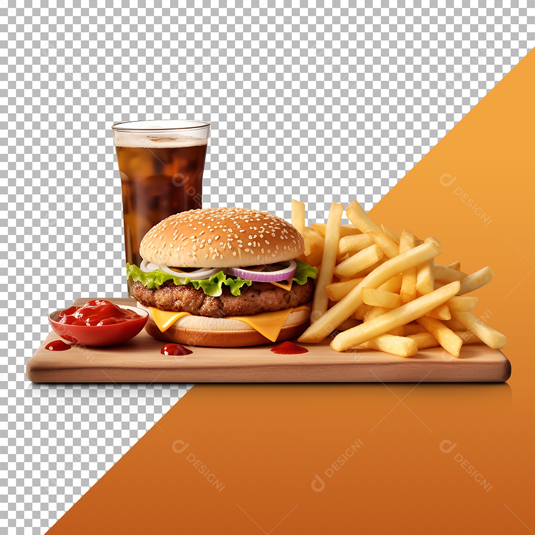 Elemento 3D Hamburguer Batata Frita Reffrigerante Para Composição PSD Editável