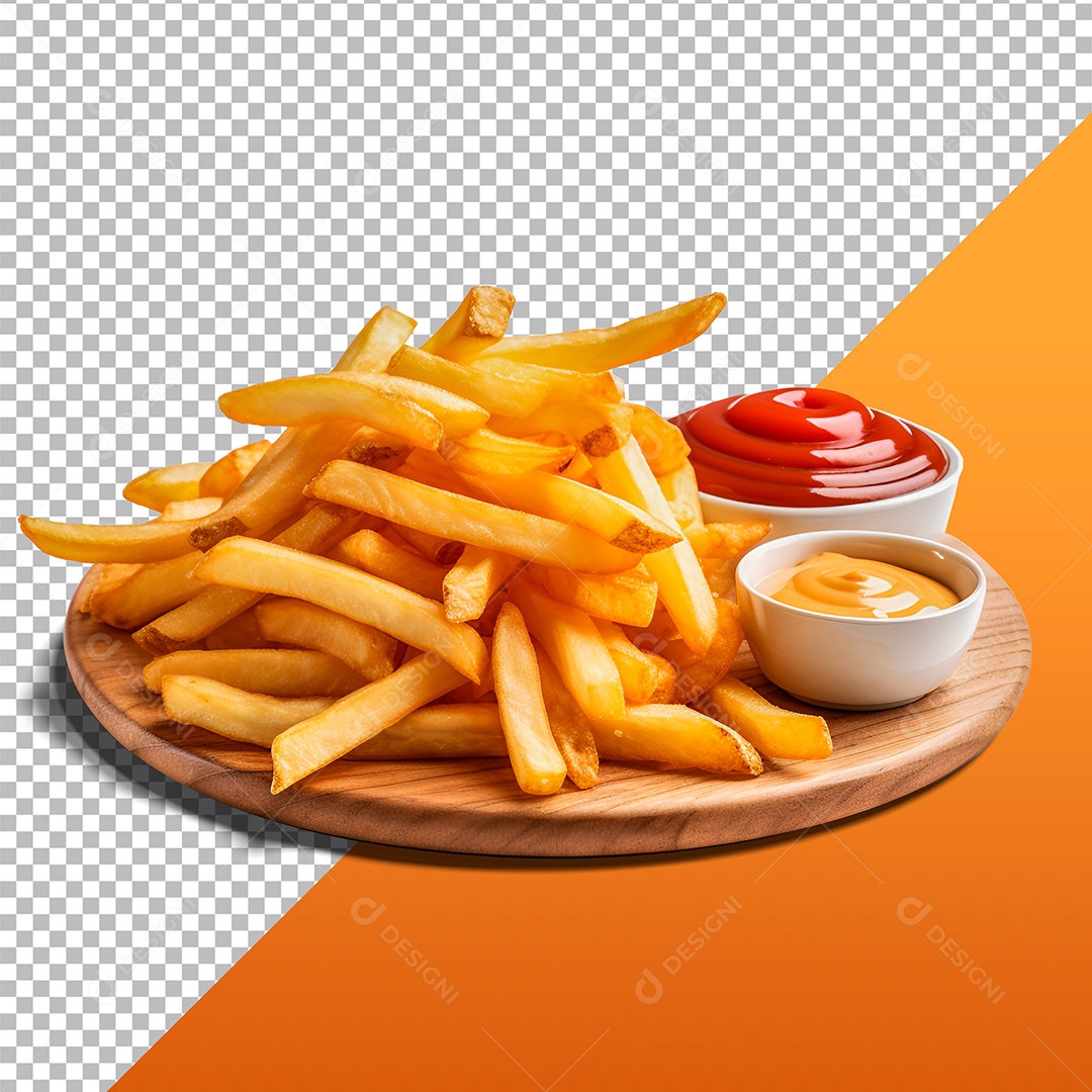 Elemento 3D Batata Frita Com Molhos Para Composição PSD