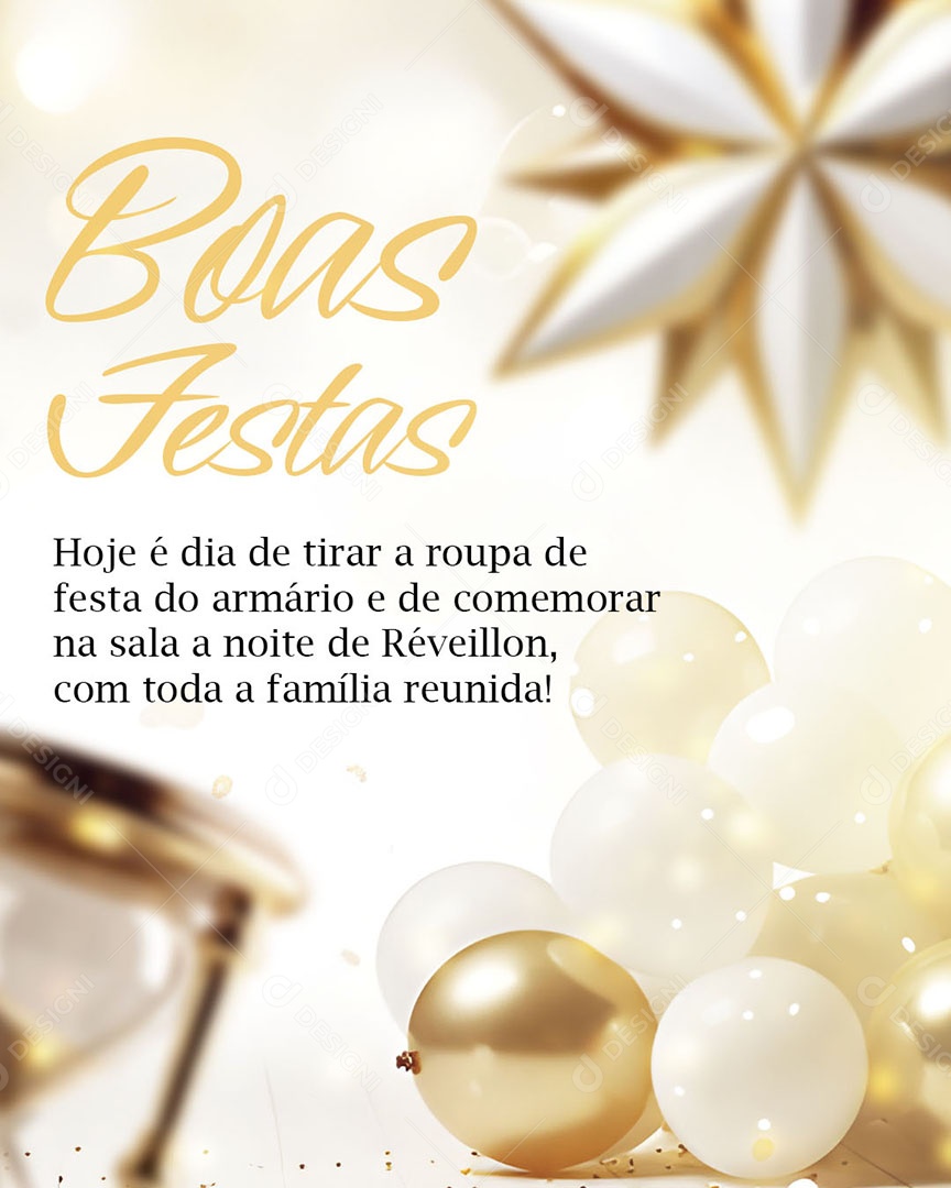 Boas Festas Hoje é de Tirar a Roupa de Festa do Armário e de Comemorar na Sala a Noite Réveillon Social Media PSD Editável