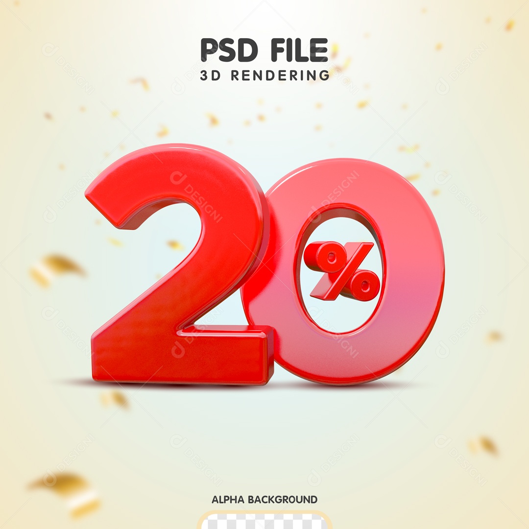 20% Porcento de Desconto Elemento 3D Vermelho para Composição PSD