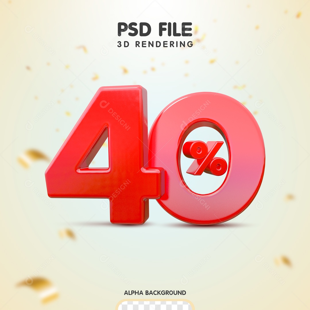 40% Porcento de Desconto Elemento 3D Vermelho para Composição PSD