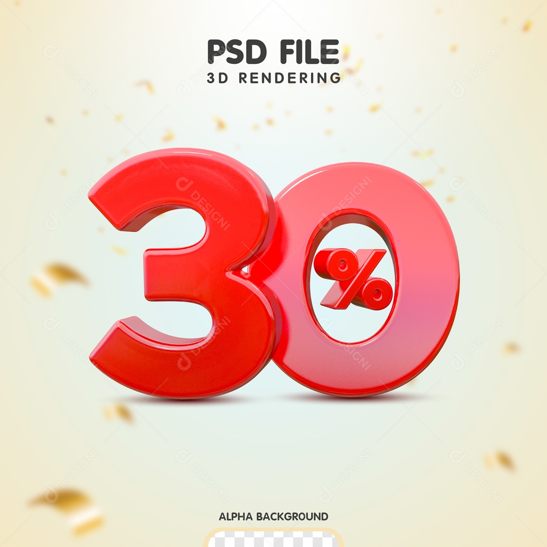 30% Porcento de Desconto Elemento 3D Vermelho para Composição PSD