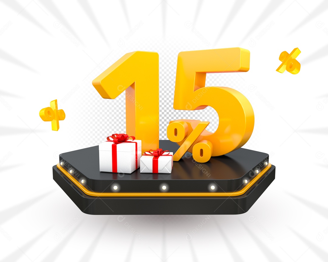 15% Porcento e Presente Elemento 3D Amarelo para Composição PSD