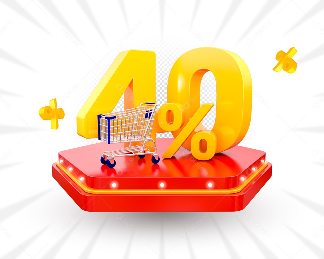40% Porcento e Carrinho de Compra Elemento 3D Amarelo para Composição PSD