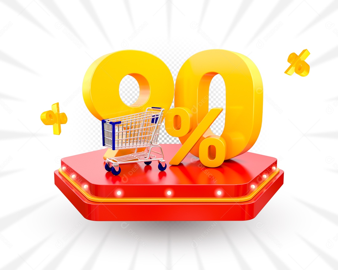 90% Porcento e Carrinho de Compra Elemento 3D para Composição PSD