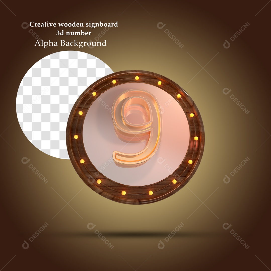 Elemento 3D Moldura Circular De Madeira Número 9 Para Composição PSD