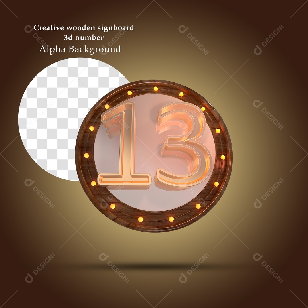 Elemento 3D Moldura Circular De Madeira Número 13 Para Composição PSD