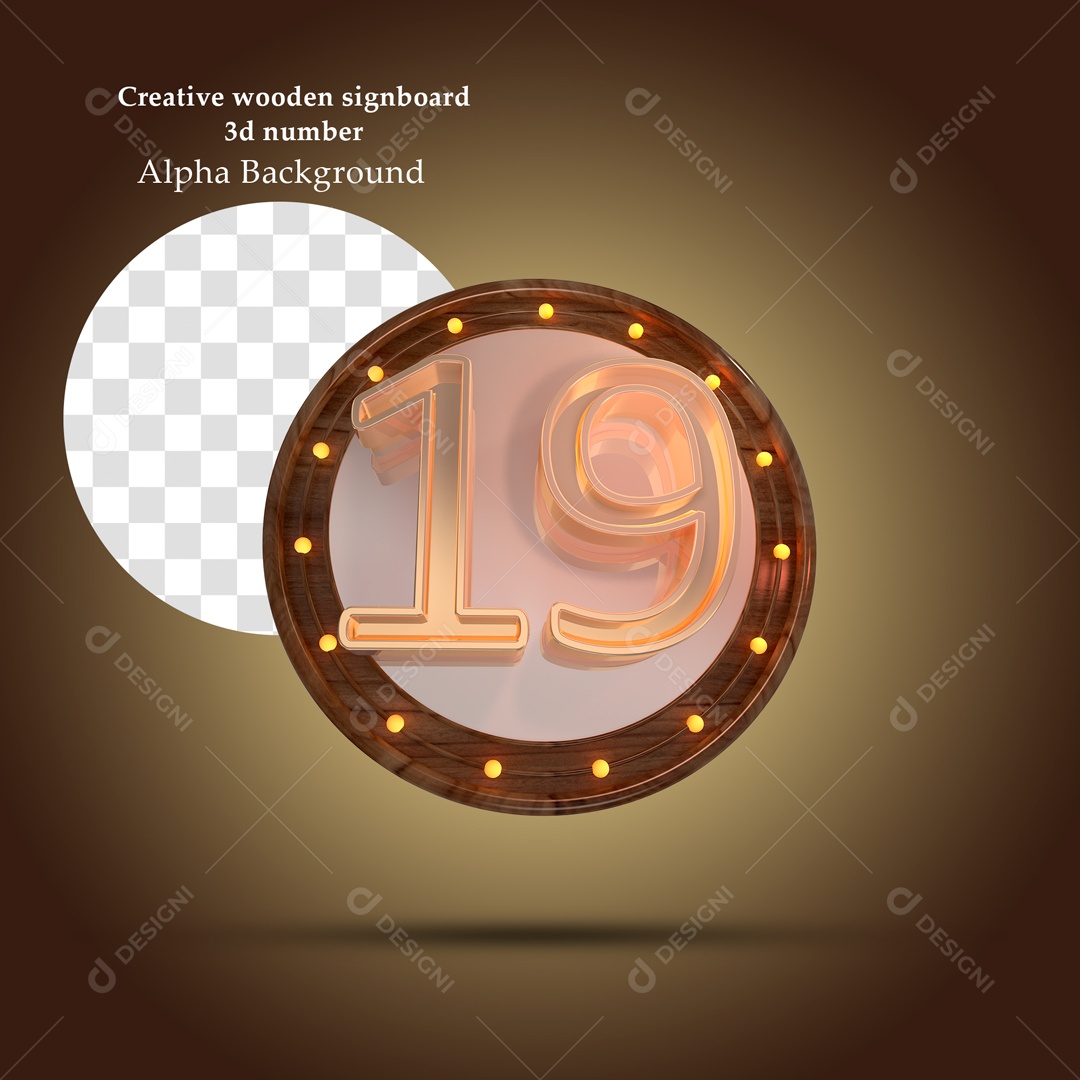 Elemento 3D Moldura Circular De Madeira Número 19 Para Composição PSD