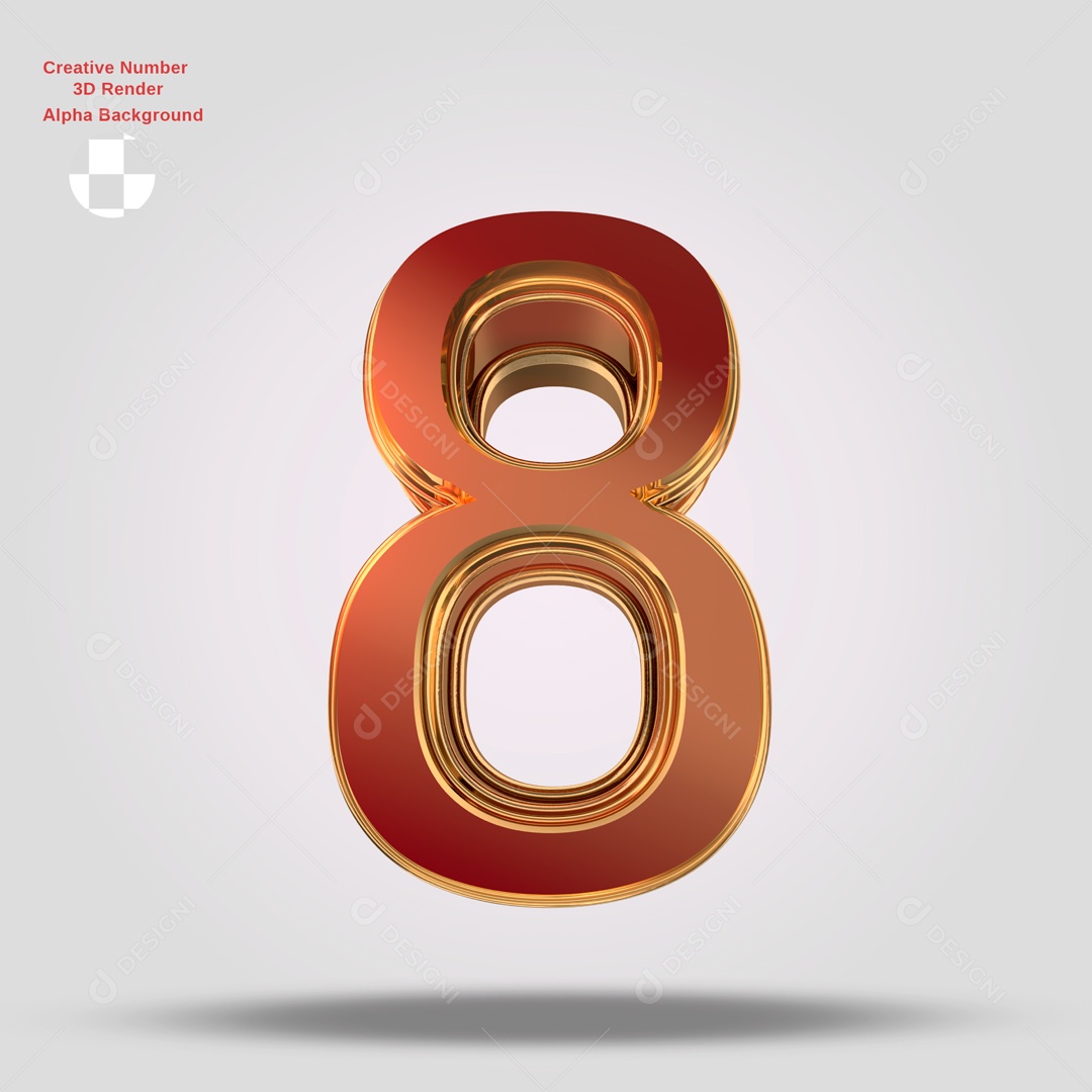 Número 3D 8 Vermelho e Dourado Para Composição PSD