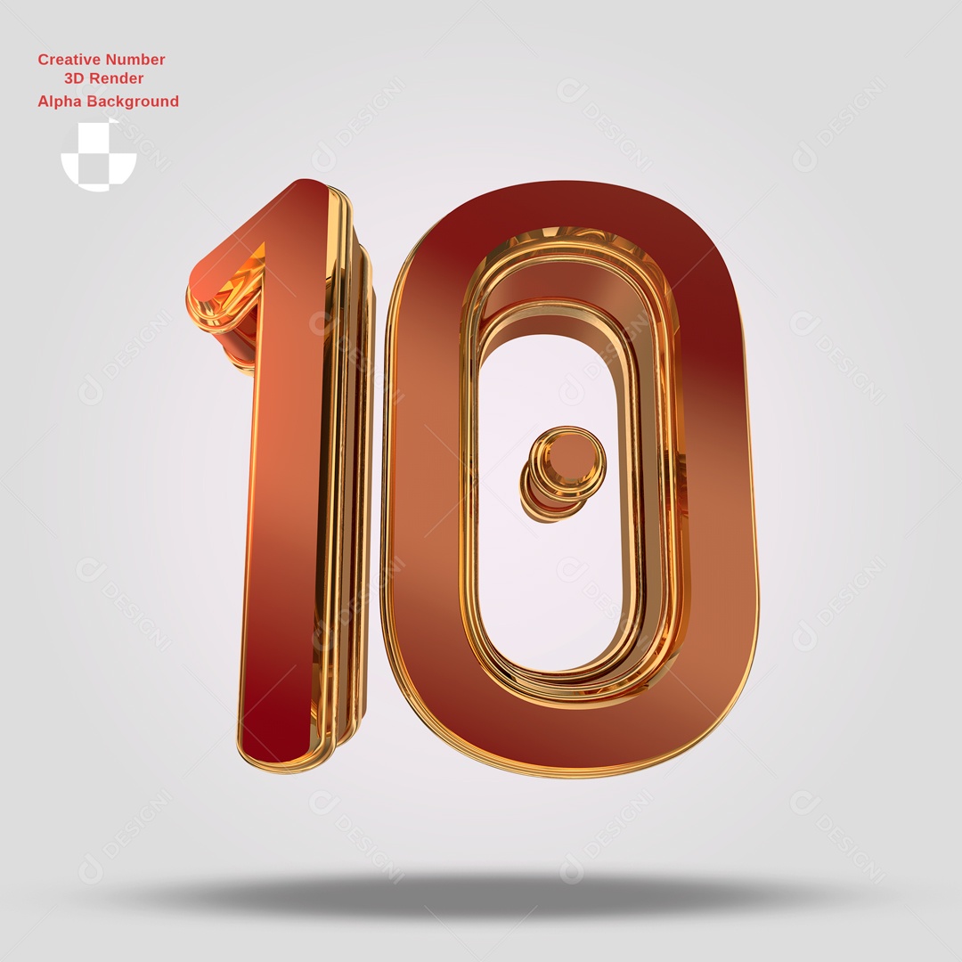 Número 3D 10 Vermelho e Dourado Para Composição PSD