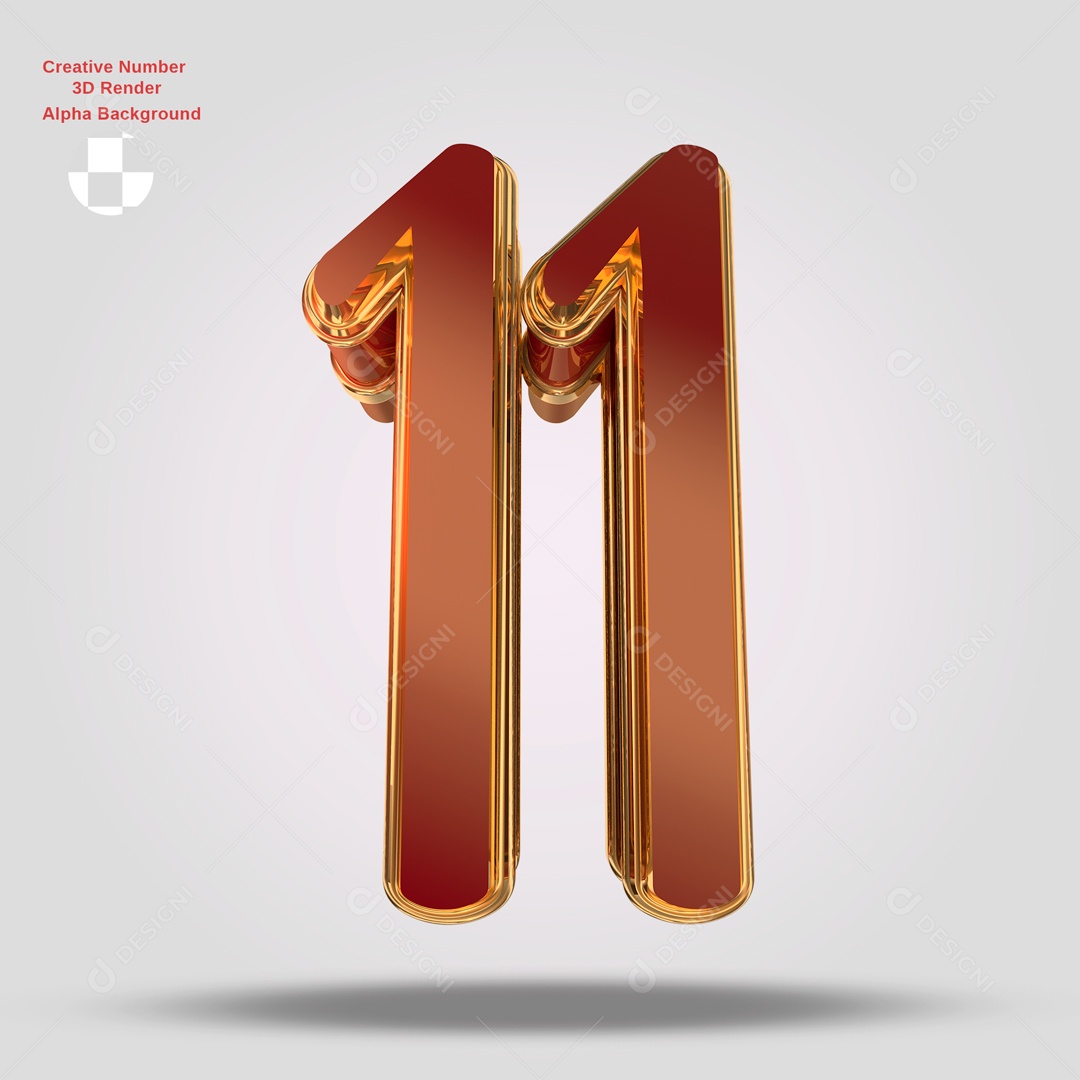 Número 3D 11 Vermelho e Dourado Para Composição PSD