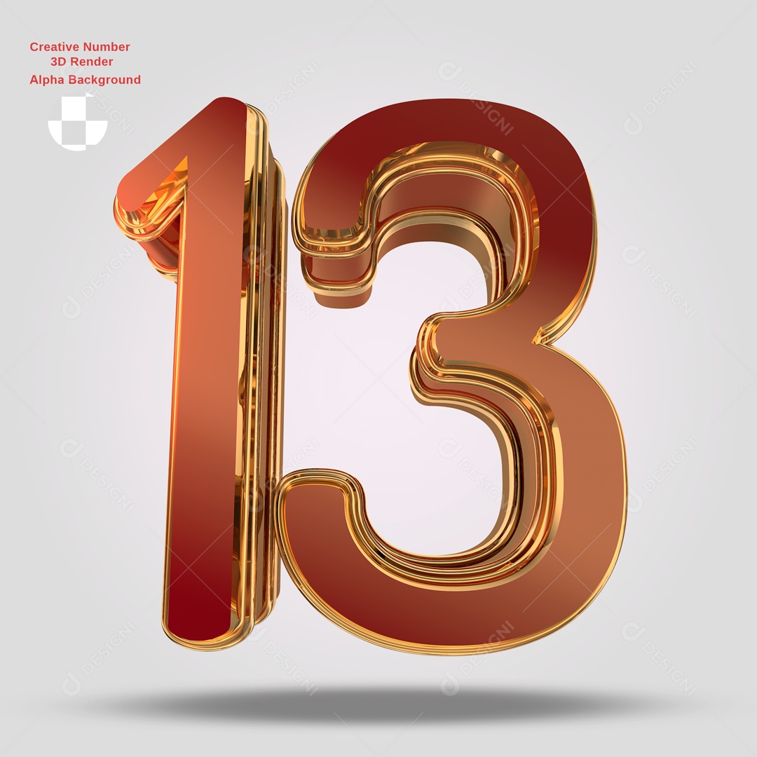 Número 3D 13 Vermelho e Dourado Para Composição PSD