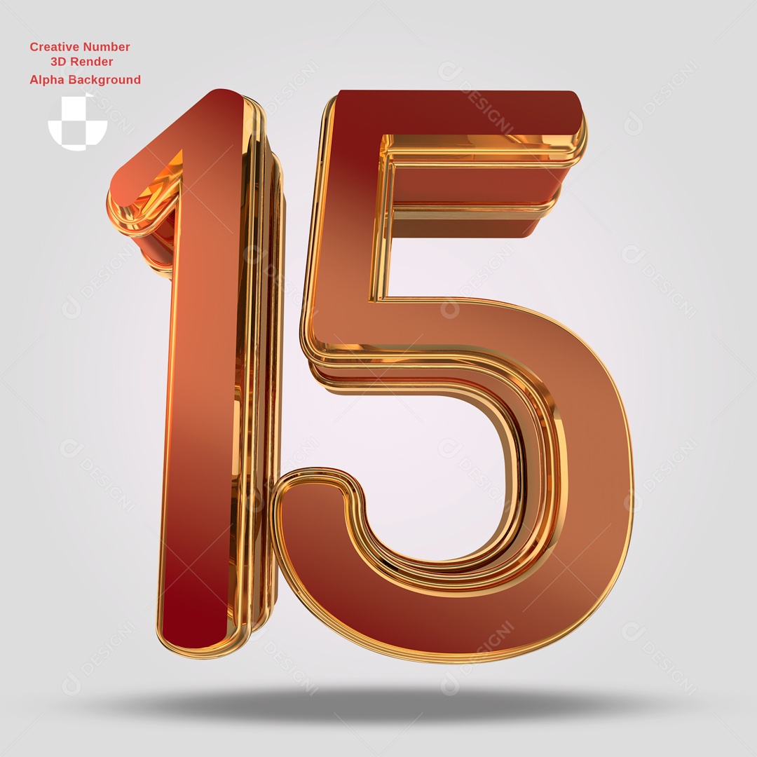 Número 3D 15 Vermelho e Dourado Para Composição PSD
