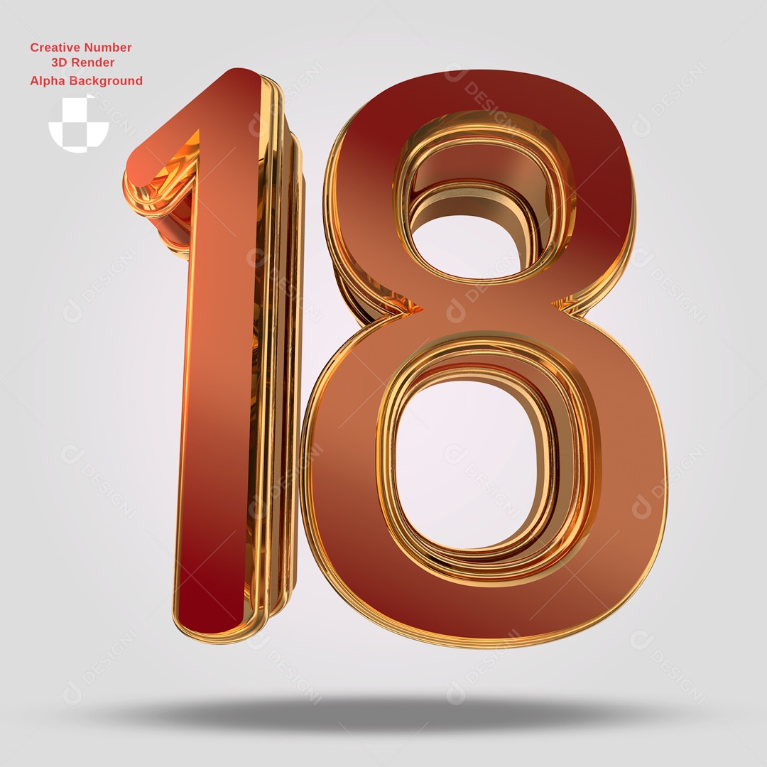 Número 3D 18 Vermelho e Dourado Para Composição PSD