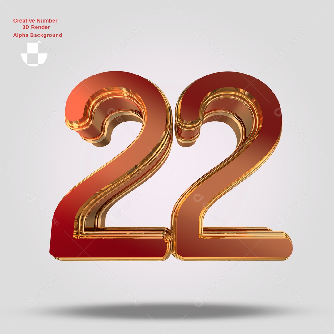 Número 3D 22 Vermelho e Dourado Para Composição PSD