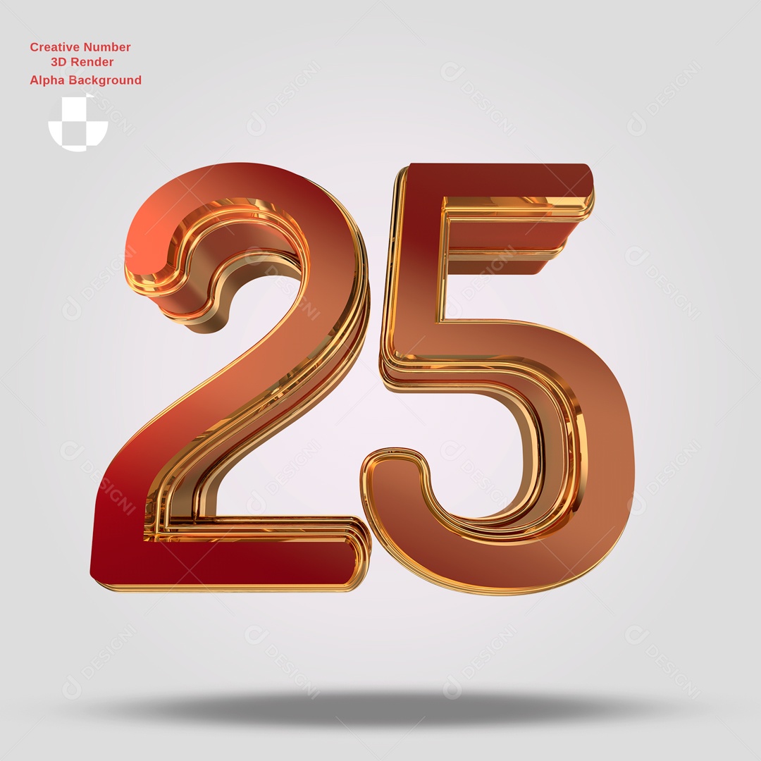 Número 3D 25 Vermelho e Dourado Para Composição PSD