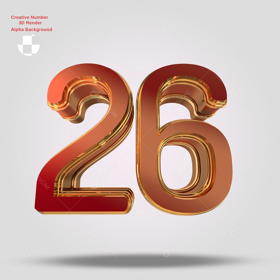 Número 3D 26 Vermelho e Dourado Para Composição PSD