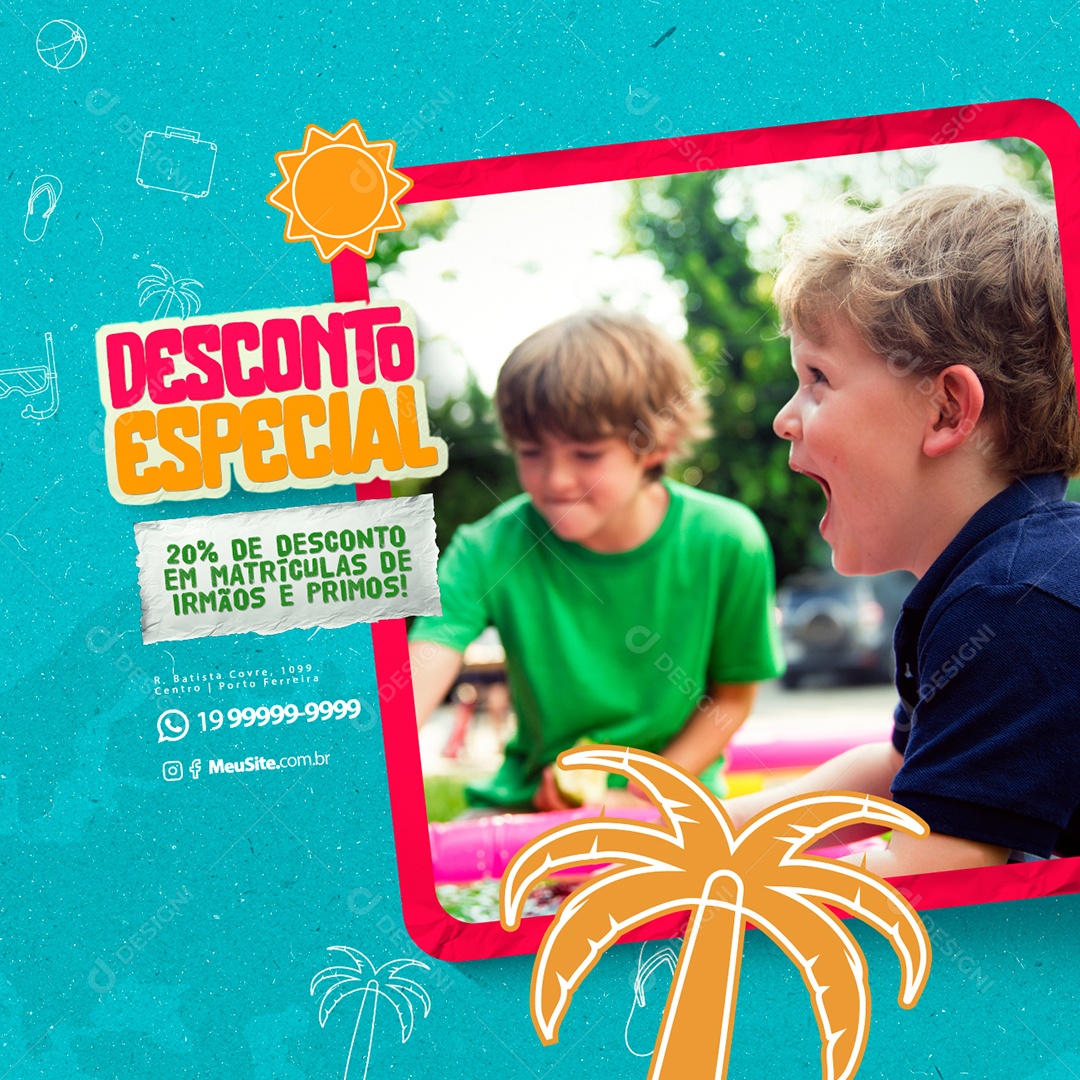Colônia De Férias Desconto Especial 20% De Desconto em Matrículas De Irmãos Social Media PSD Editável