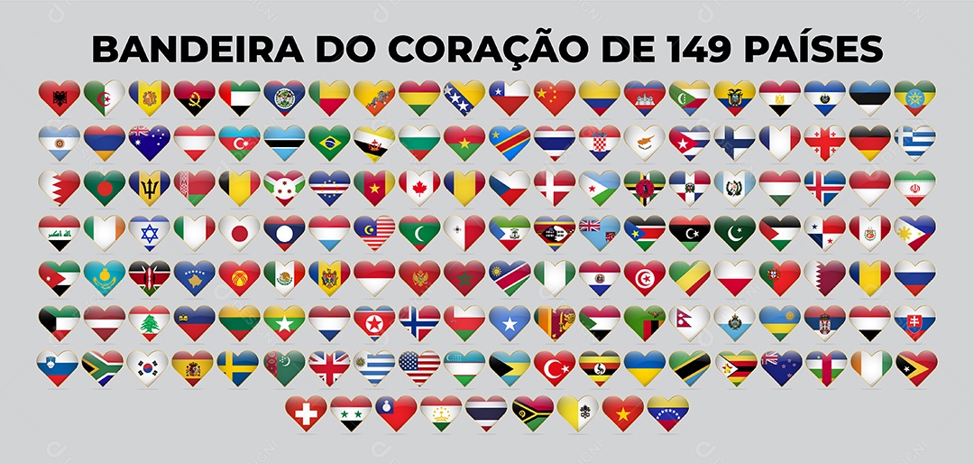 Conjunto de Bandeira em Formato de Coração de 159 Países Vetor EPS