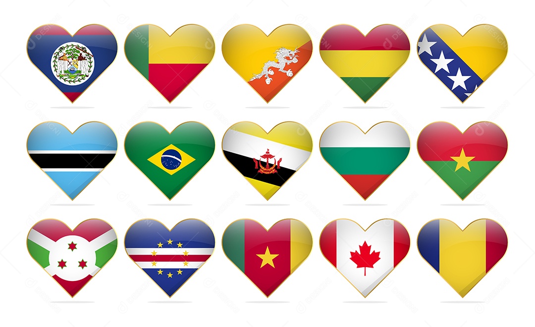 Conjunto de Bandeira de Países em Formato de Coração Ilustração Vetor EPS