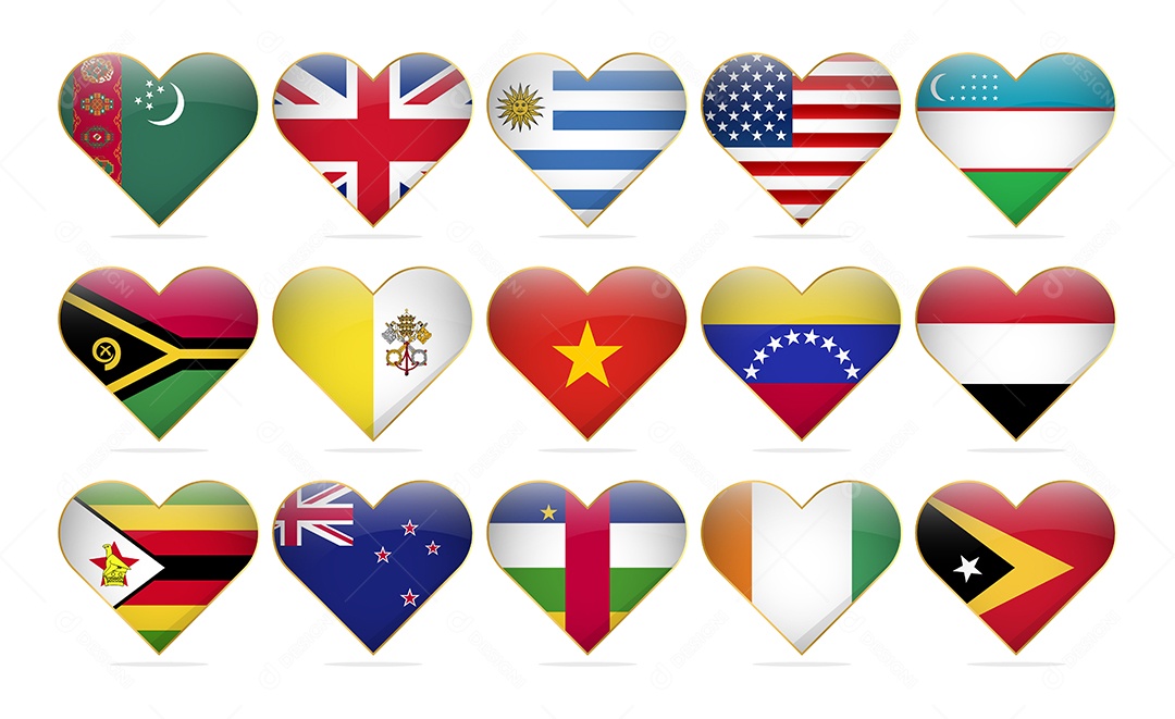 Conjunto de Bandeira de Países em Formato de Coração Ilustração Vetor EPS