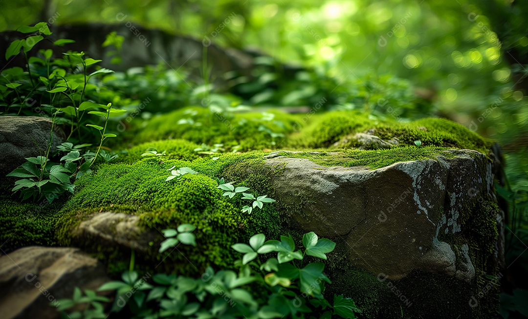 Lindo musgo verde brilhante crescido cobre as pedras ásperas na floresta