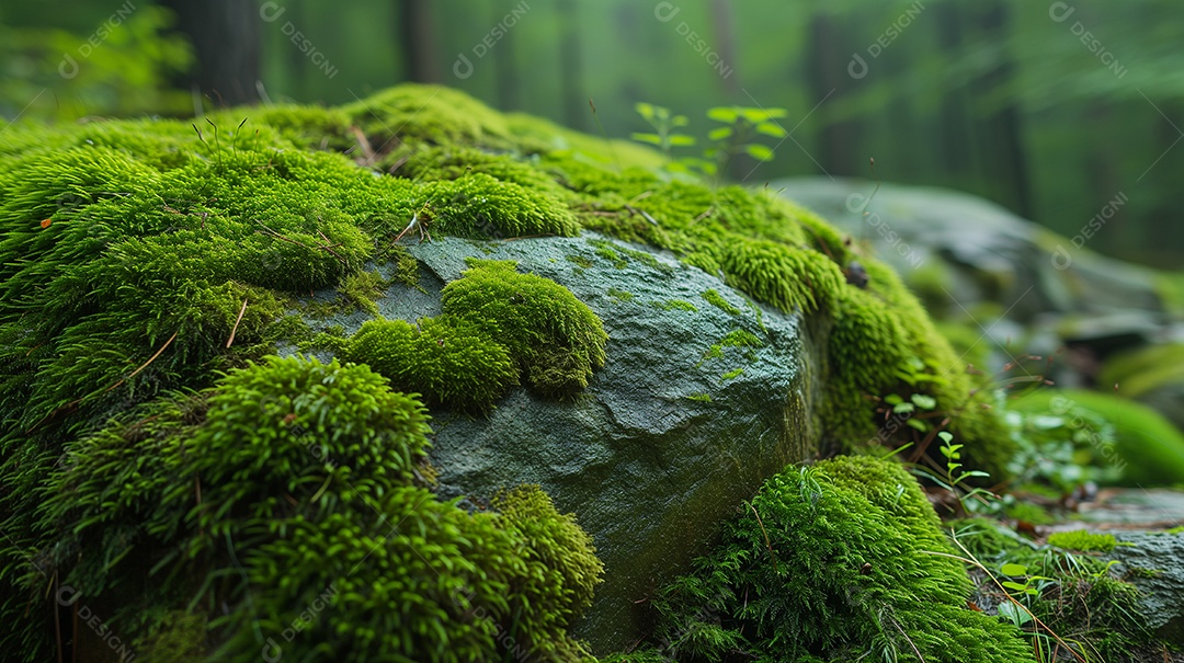 Lindo musgo verde brilhante crescido cobre as pedras ásperas na floresta
