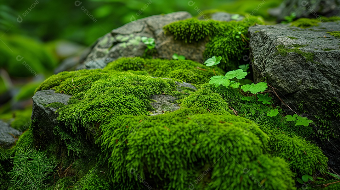 Lindo musgo verde brilhante crescido cobre as pedras ásperas na floresta