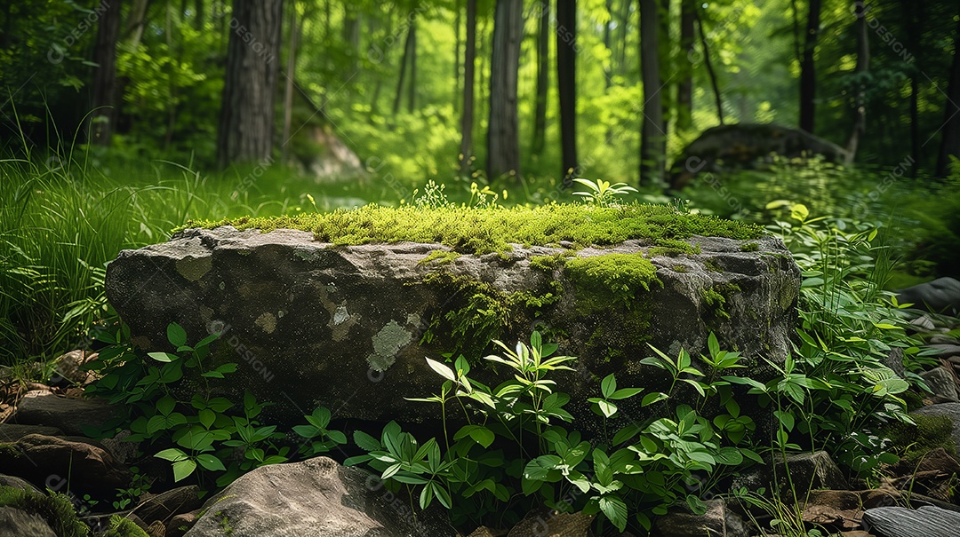 Lindo musgo verde brilhante crescido cobre as pedras ásperas na floresta