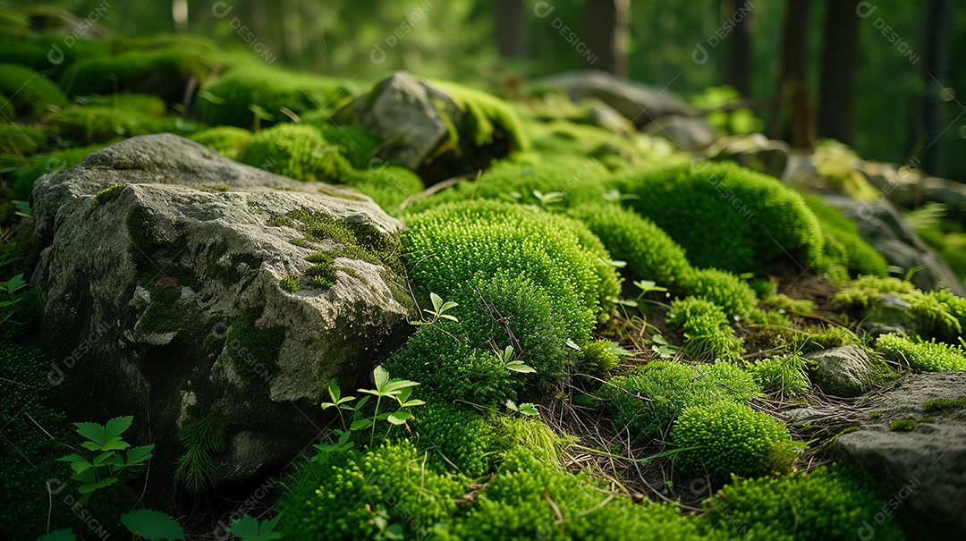 Lindo musgo verde brilhante crescido cobre as pedras ásperas na floresta