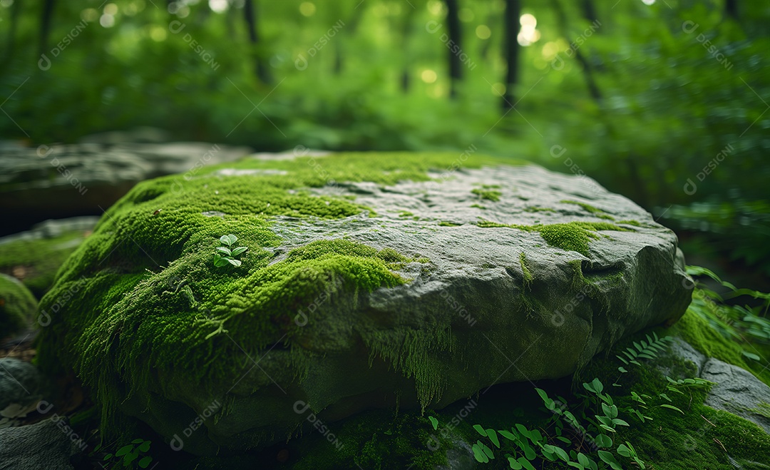 Lindo musgo verde brilhante crescido cobre as pedras ásperas na floresta