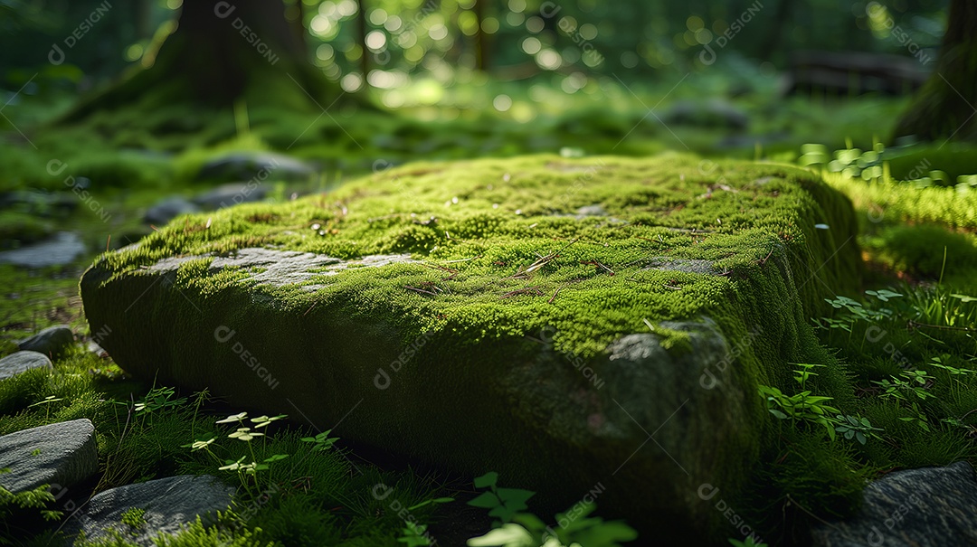 Lindo musgo verde brilhante crescido cobre as pedras ásperas na floresta