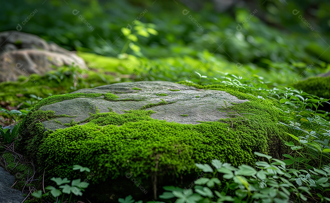 Lindo musgo verde brilhante crescido cobre as pedras ásperas na floresta