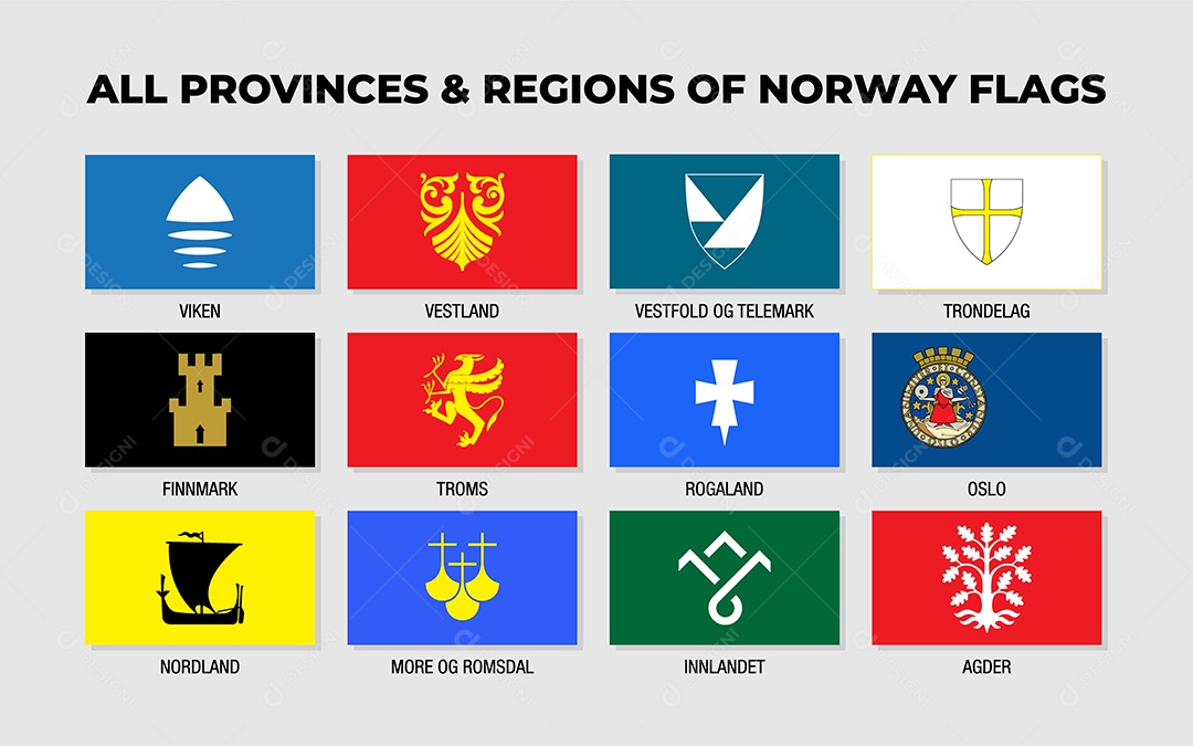 Bandeiras de Todas as Províncias e Regiões da Noruega Vetor EPS