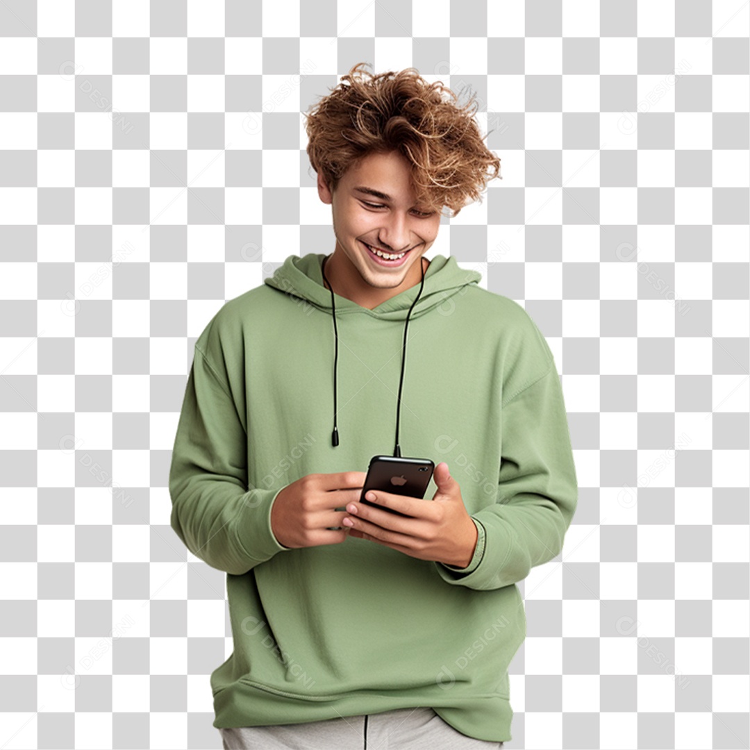 Homem Com Fone de Ouvido e Celular na Mão PNG Transparente
