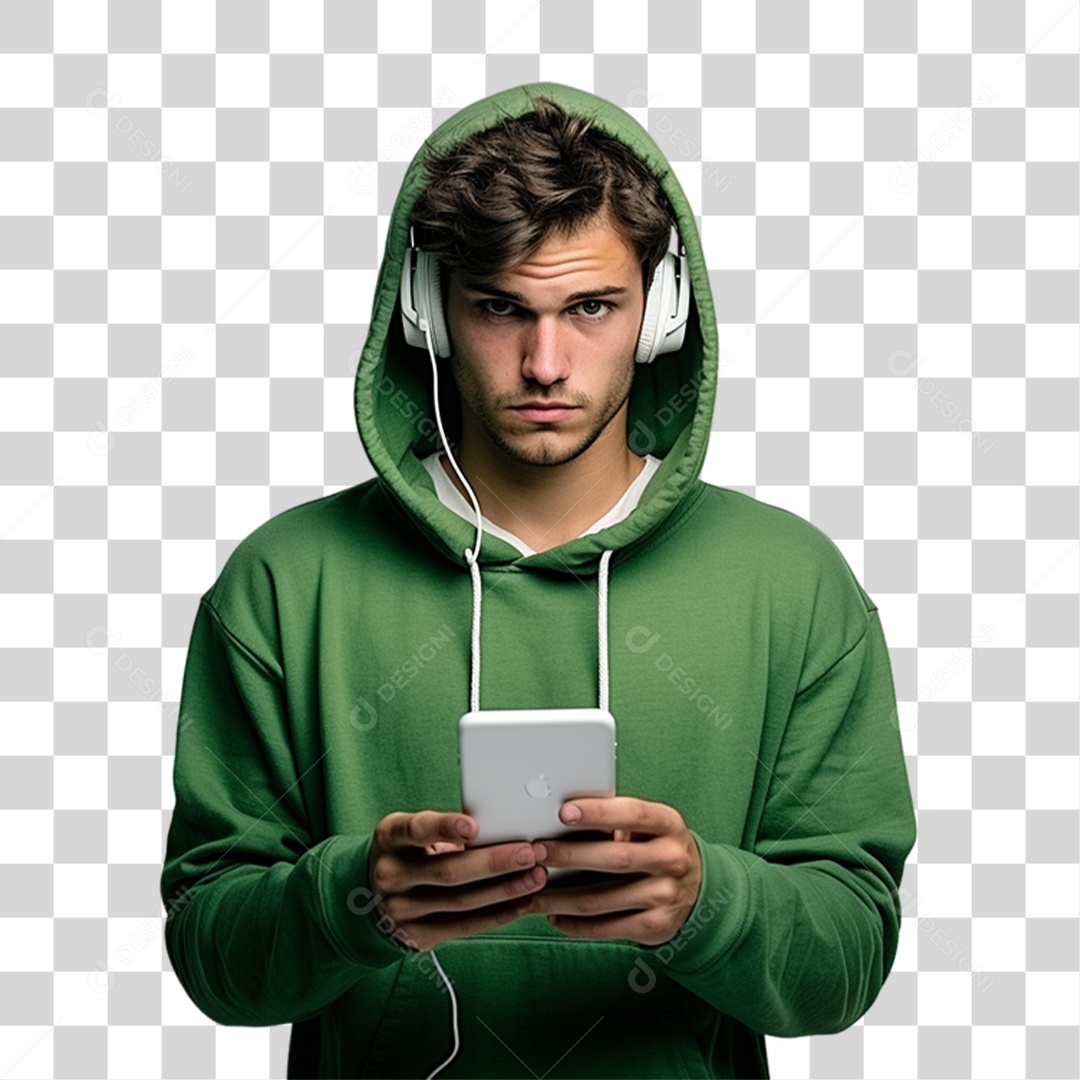 Homem Com Fone de Ouvido e Celular na Mão PNG Transparente