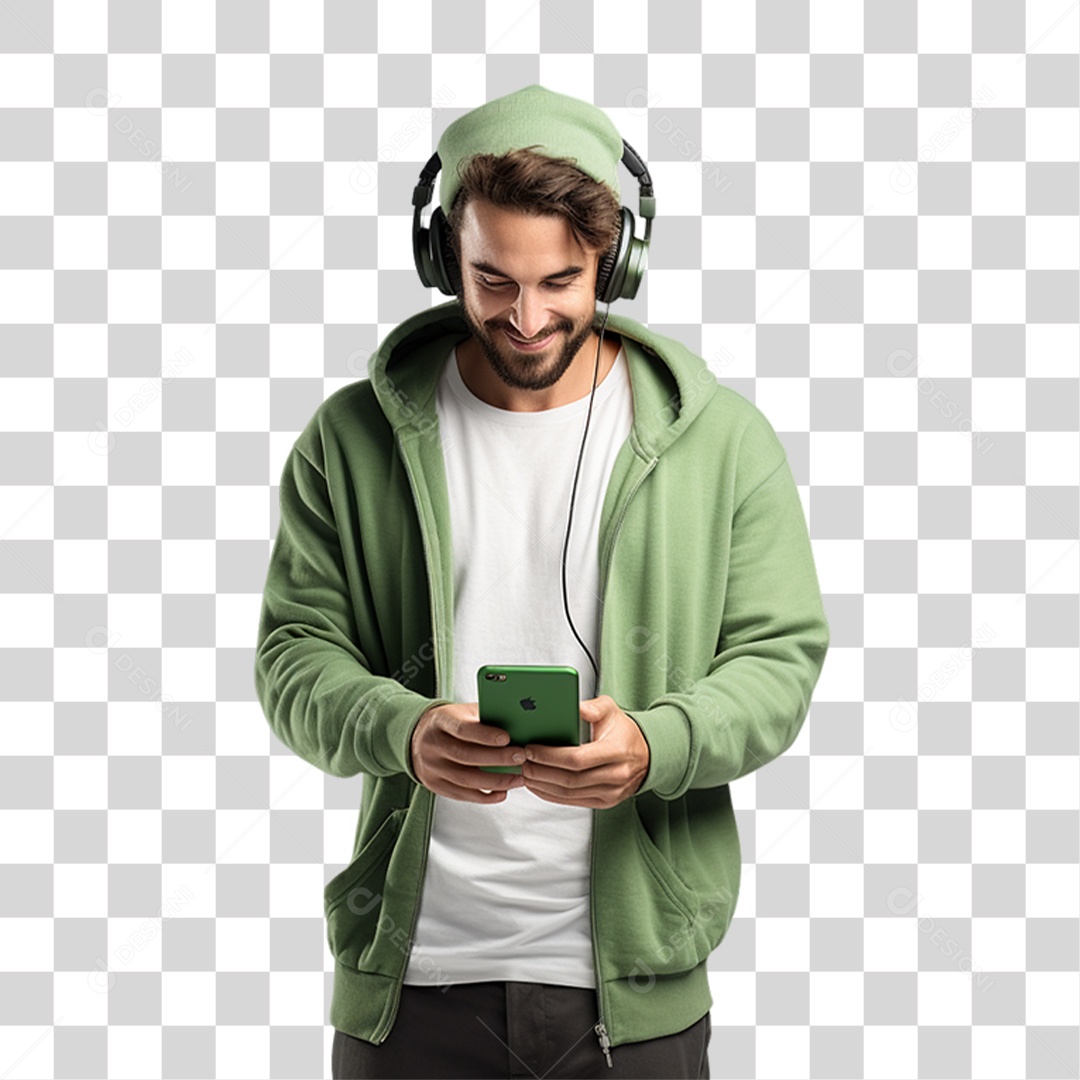 Homem Com Fone de Ouvido e Celular na Mão PNG Transparente