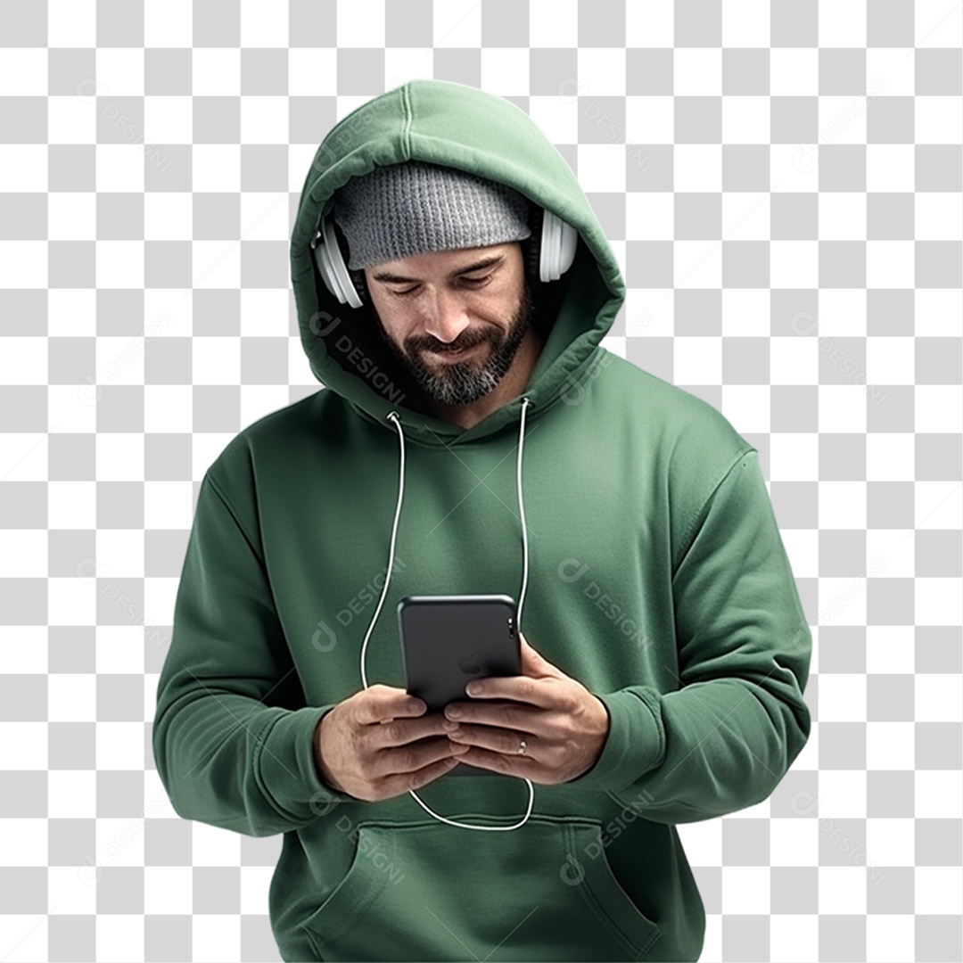 Homem Com Fone de Ouvido e Celular na Mão PNG Transparente