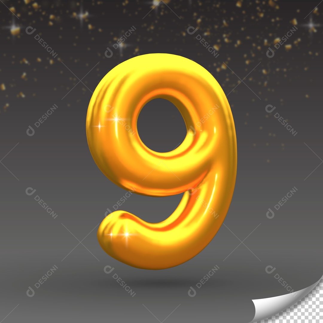 Número 9 Elemento 3D Dourado para Composição PSD