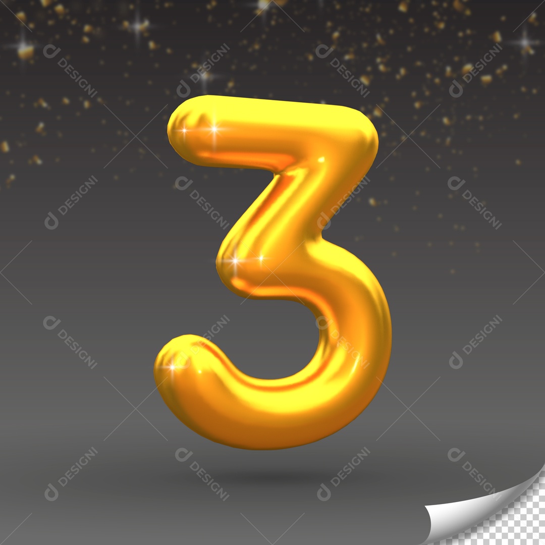 Número 3 Dourado Elemento 3D para Composição PSD