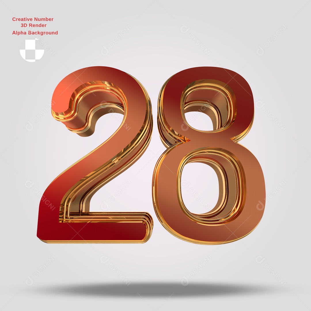 Números 3D 28 Vermelho e Dourado Para Composição PSD