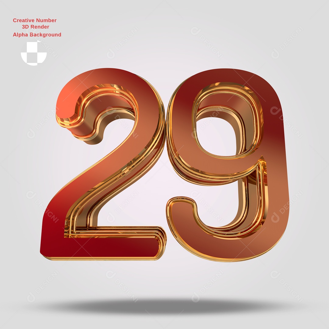 Números 3D 29 Vermelho e Dourado Para Composição PSD