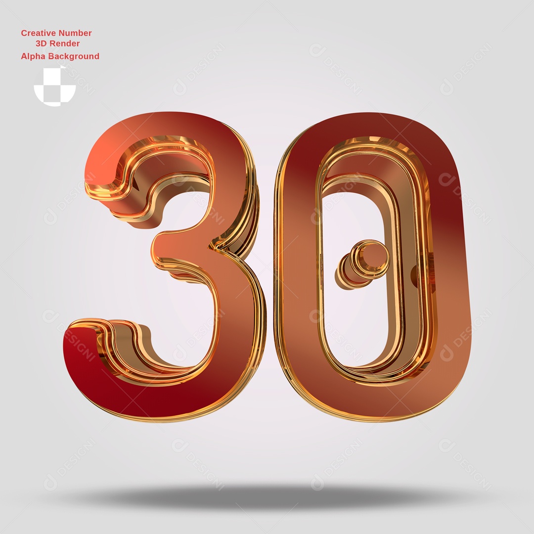 Números 3D 30 Vermelho e Dourado Para Composição PSD