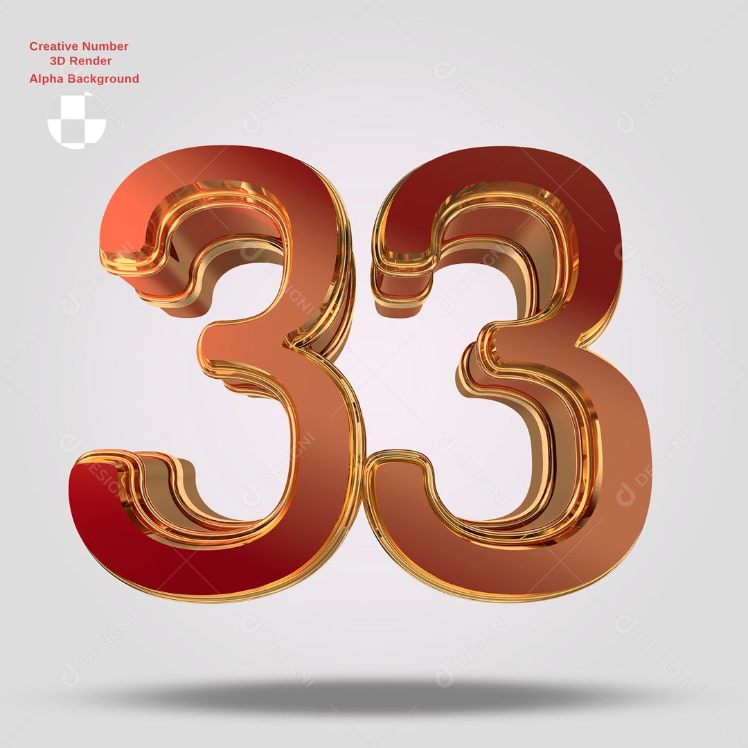 Números 3D 33 Vermelho e Dourado Para Composição PSD