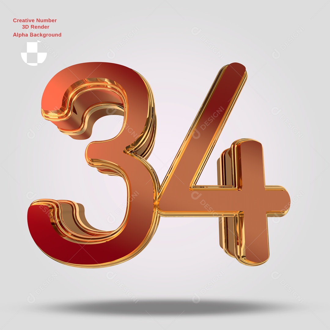 Números 3D 34 Vermelho e Dourado Para Composição PSD