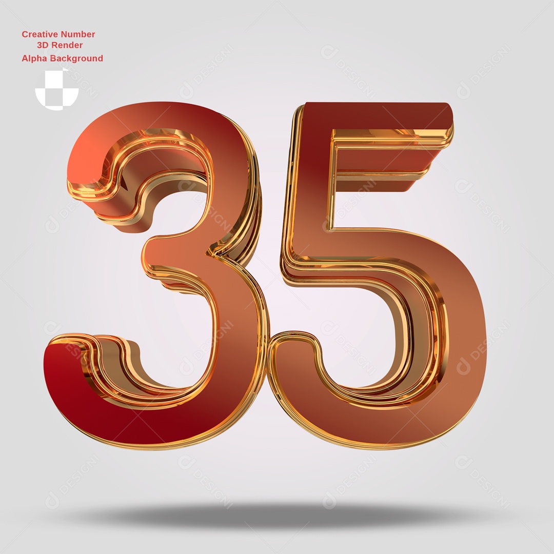 Números 3D 35 Vermelho e Dourado Para Composição PSD