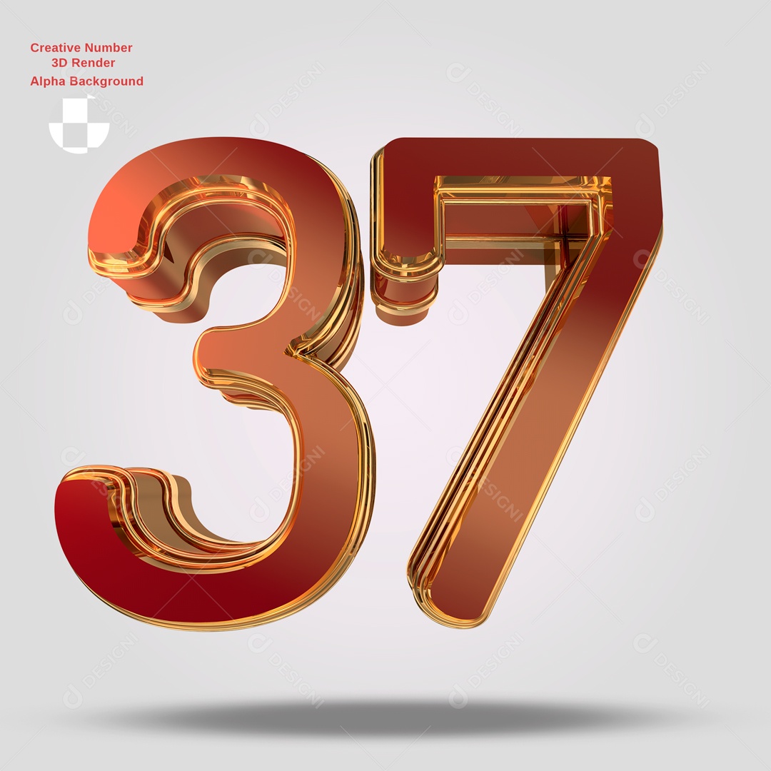 Números 3D 37 Vermelho e Dourado Para Composição PSD