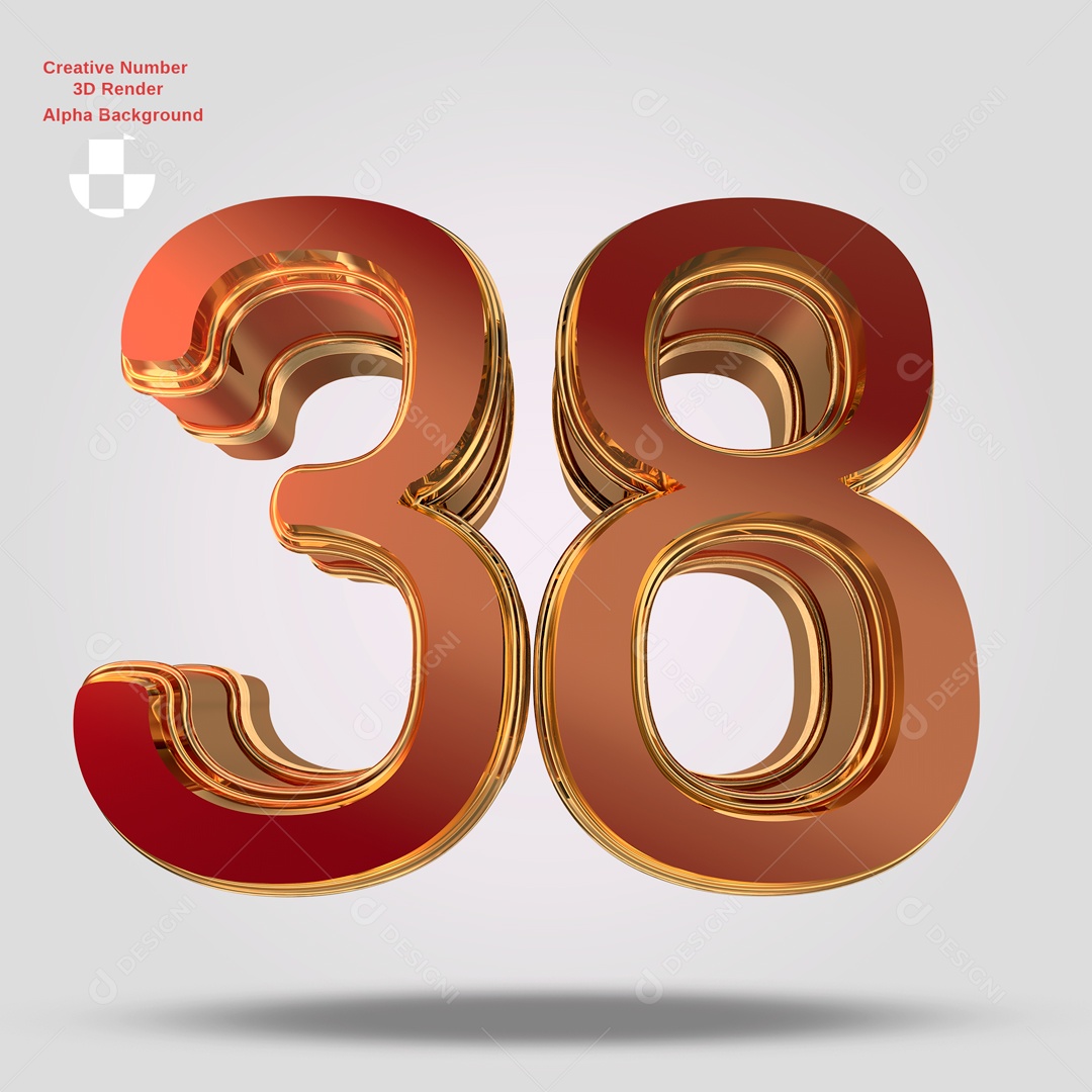 Números 3D 38 Vermelho e Dourado Para Composição PSD