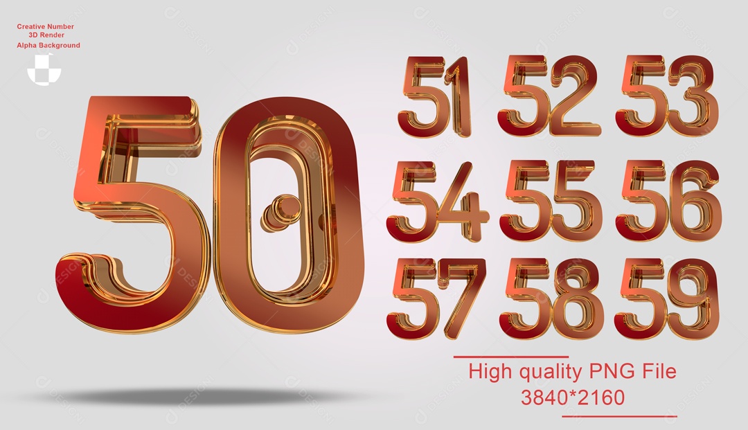Números 3D Vermelho e Dourado 50 ao 59 Para Composição PSD
